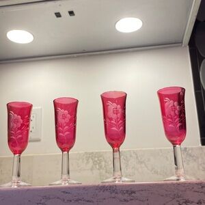 Cranberry Glass Cordials Vintage Barware Glasses Set Of 4 Etched Grapes Pristine